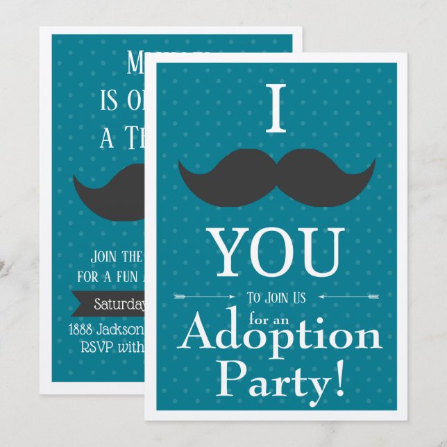 Adoption Party Modern Mustache Blue Announcement (Front/Back)