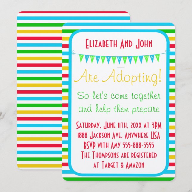Adoption Shower Modern Circus Stripes Bright Invitation (Front/Back)