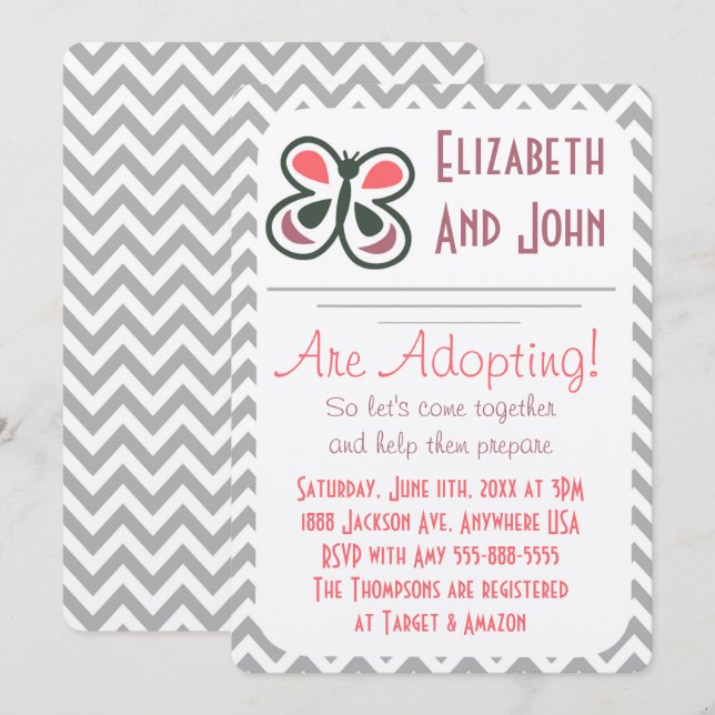 Adoption Shower Modern Pink Chevron Butterfly Invitation (Front/Back)