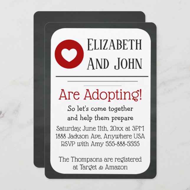 Adoption Shower Red & Black Chalkboard Invatation Invitation (Front/Back)