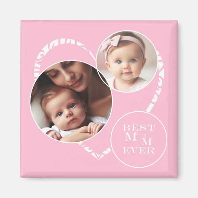 Adorable 3-Photo "Best Mom Ever" Pink, White Heart Magnet (Front)