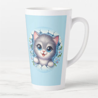 Adorable 3D Cat Peeking Through Floral Wall Design Latte Mug