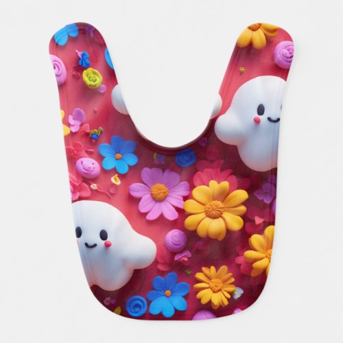 Adorable 3D Clay Ghost and Flowers Print Baby Bib