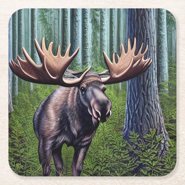 Adorable Abstract Little Moose Square Paper Coaster (Front)