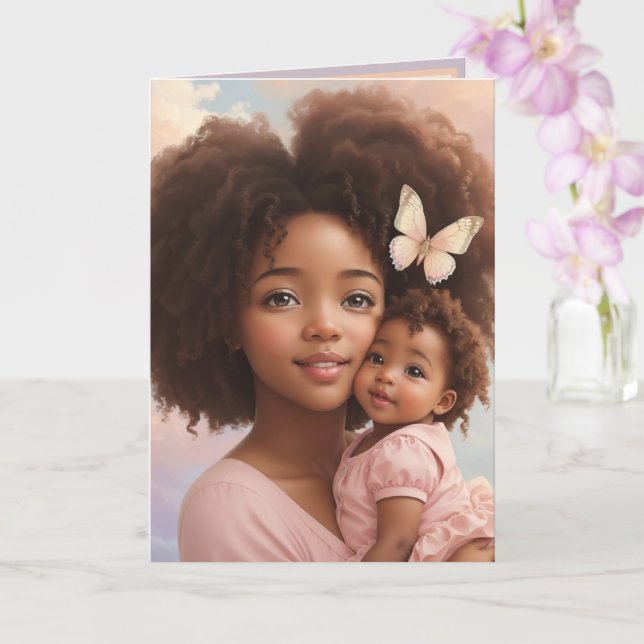 Adorable African American Baby Girl & Mom Pastel Card (Orchid)
