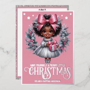 Adorable Afro Girl Pink & Silver Christmas Wreath Foil Holiday Card