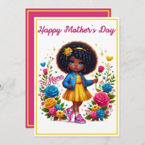 Adorable Afro Girl YellowPink Flower Mothers Day Holiday Card