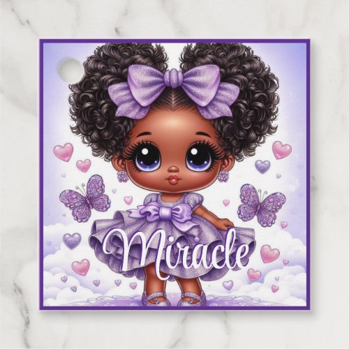 Adorable Afro Puff Baby Girl Pastel Purple Favor Tags