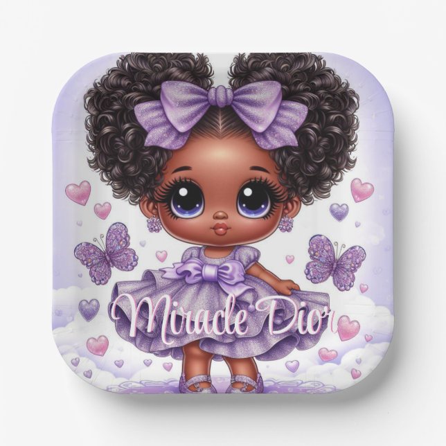 Adorable Afro Puff Baby Girl Pastel Purple Paper Plates (Front)