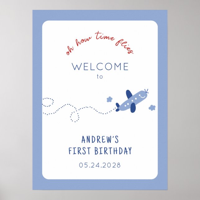 Adorable Airplane How Time Flies Birthday Party  Poster (Front)