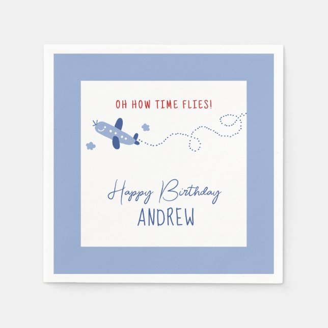 Adorable Airplane How Time Flies First Birthday  Napkins (Front)