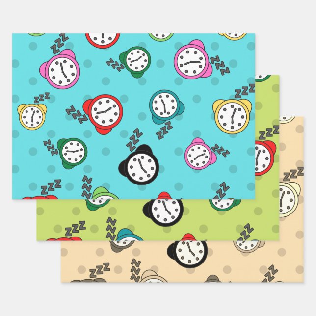 Adorable alarm clock  blue green beige party wrapping paper sheets (Set)