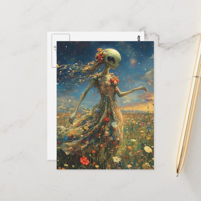 Adorable Alien in a Dress in the Meadow Postcard (Front/Back In Situ)