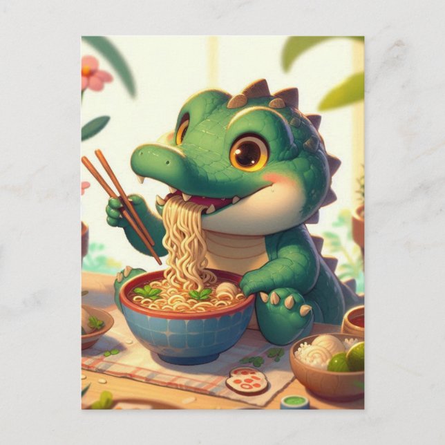 Adorable Alligator Eating Noodles Postcard (Front)