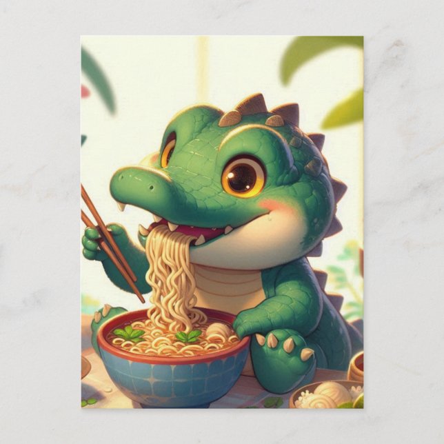 Adorable Alligator Eating Noodles Postcard (Front)