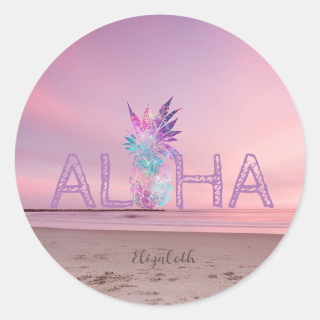 Adorable Aloha Hawaiian Pineapple,Beach Sunset Classic Round Sticker (Front)