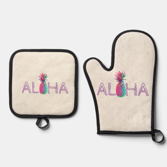Adorable Aloha Hawaiian Pineapple Oven Mitt & Pot Holder Set (Front)
