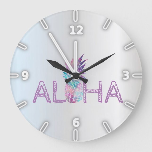 Adorable Aloha Hawaiian Pineapple, Silver Large Clock (Front)
