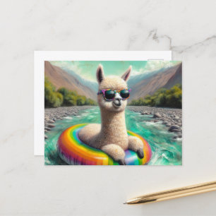 Adorable Alpaca on a Rainbow Color Float Postcard
