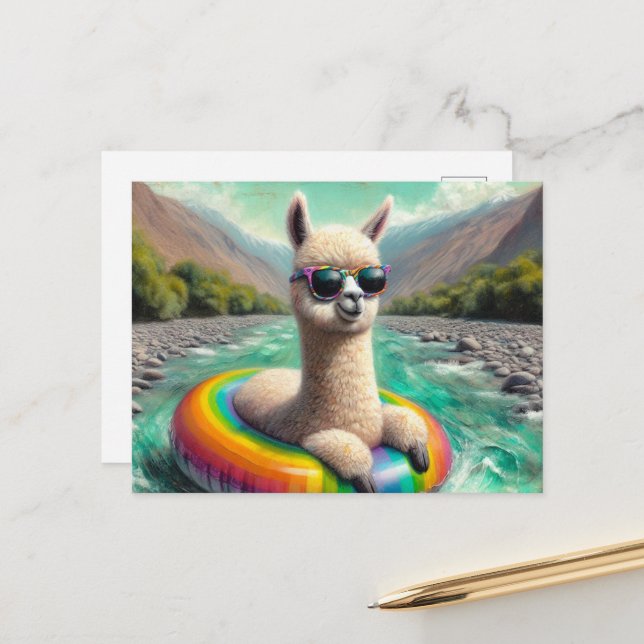 Adorable Alpaca on a Rainbow Color Float Postcard (Front/Back In Situ)