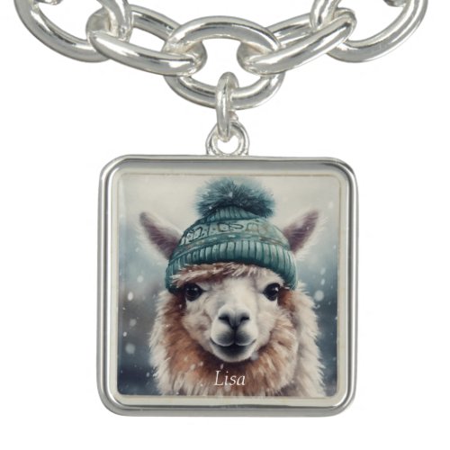 Adorable alpaca wearing blue beanie customizable  bracelet