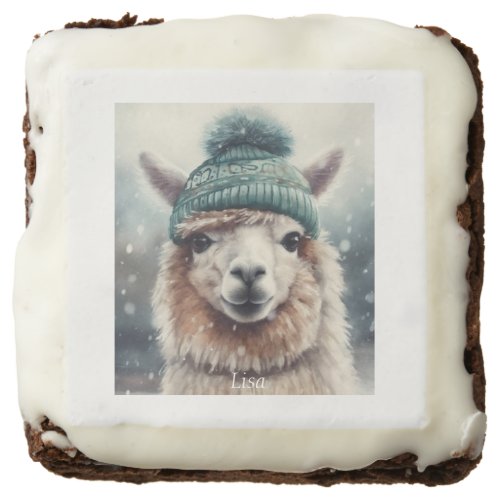 Adorable alpaca wearing blue beanie customizable brownie