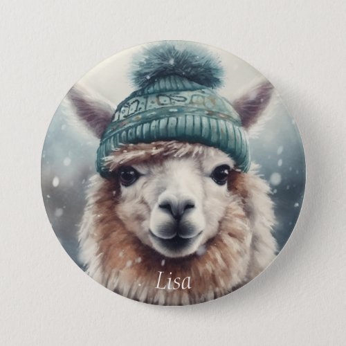 Adorable alpaca wearing blue beanie customizable  button