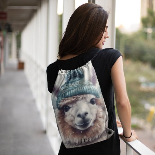 Adorable alpaca wearing blue beanie customizable  drawstring bag