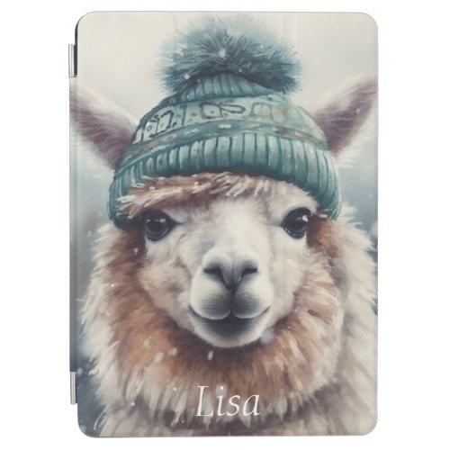 Adorable alpaca wearing blue beanie customizable iPad air cover