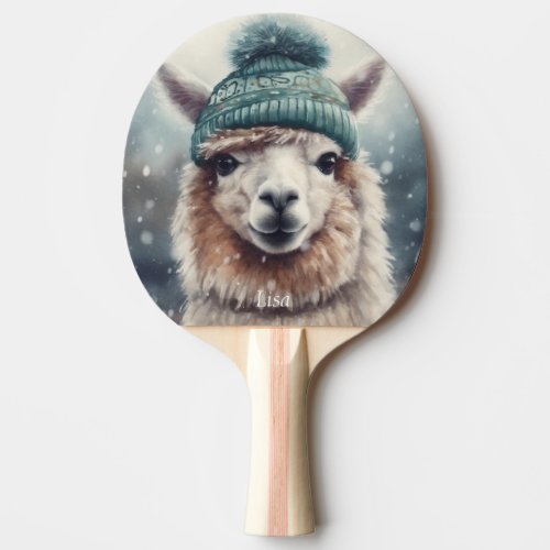 Adorable alpaca wearing blue beanie customizable  ping pong paddle