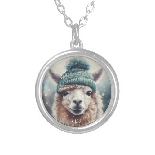 Adorable alpaca wearing blue beanie customizable  silver plated necklace