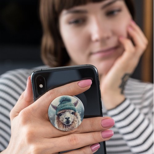 Adorable alpaca wearing blue beanie  PopSocket