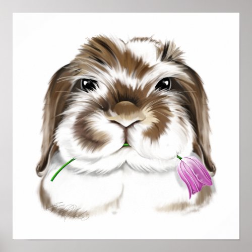 Adorable American Fuzzy Lop Rabbit with pink Tulip Poster