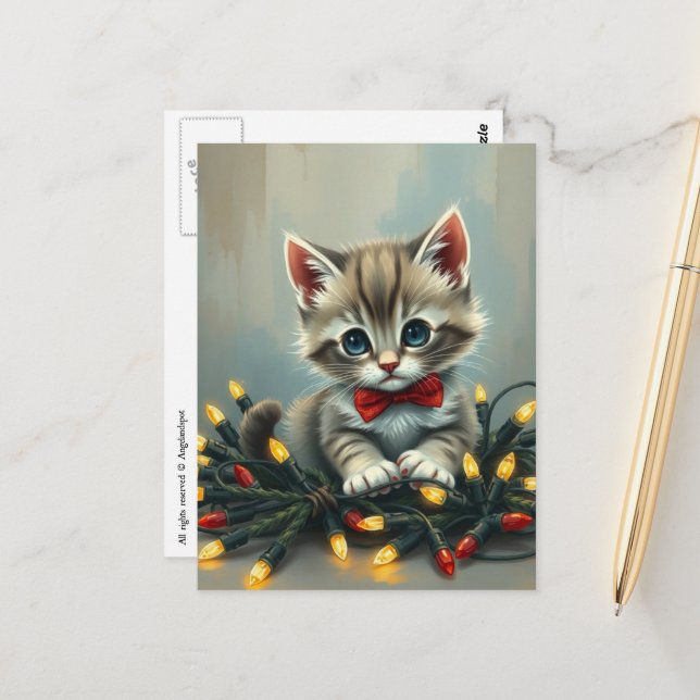 Adorable and Cute Christmas Kitten With Lights Postcard (Front/Back In Situ)