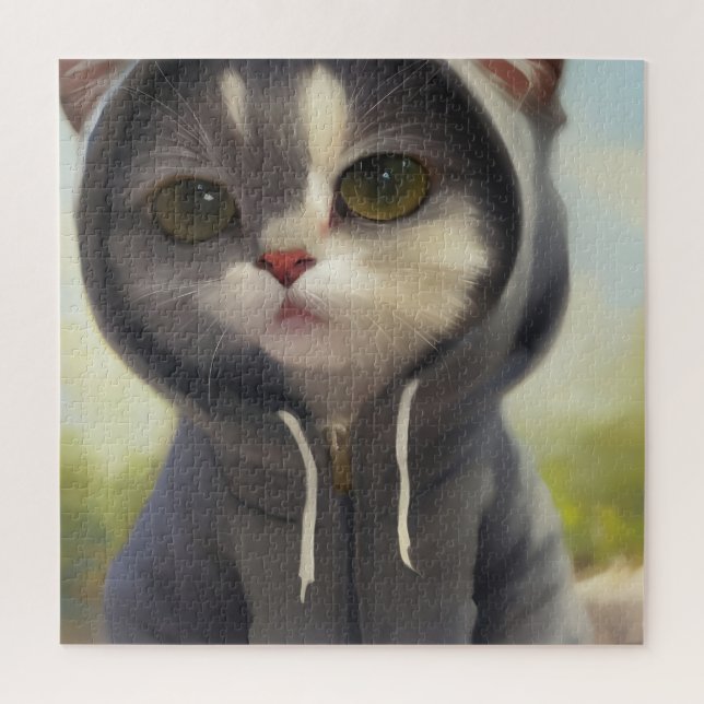 Adorable and Sweet Kitten Wearing a Hoodie Jigsaw Puzzle (Vertical)