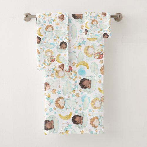 Adorable Angels and Stars Watercolor Art Bath Towel Set