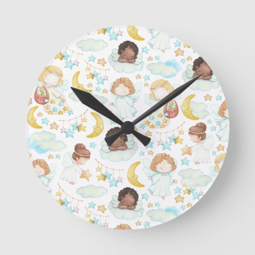 Adorable Angels and Stars Watercolor Art Round Clock