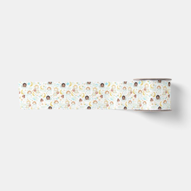 Adorable Angels and Stars Watercolor Art Satin Ribbon (Front)