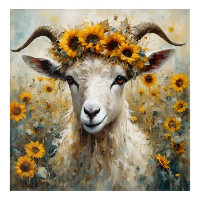 Adorable Angora Goat in the Sunflower Fields Acrylic Print (Front)