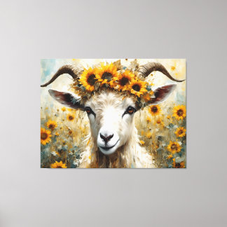 Adorable Angora Goat in the Sunflower Fields Canvas Print