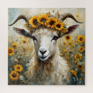 Adorable Angora Goat in the Sunflower Fields Jigsaw Puzzle
