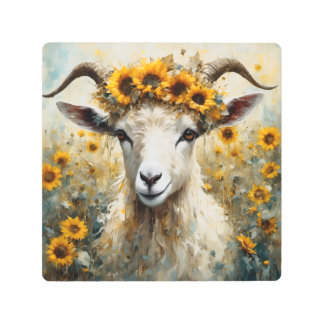 Adorable Angora Goat in the Sunflower Fields Metal Print