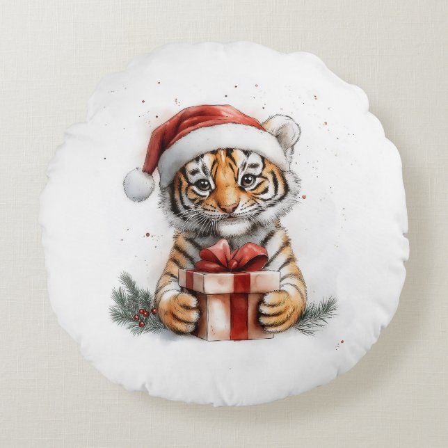 Adorable Animal Christmas Series Baby Tiger Round Pillow (Front)