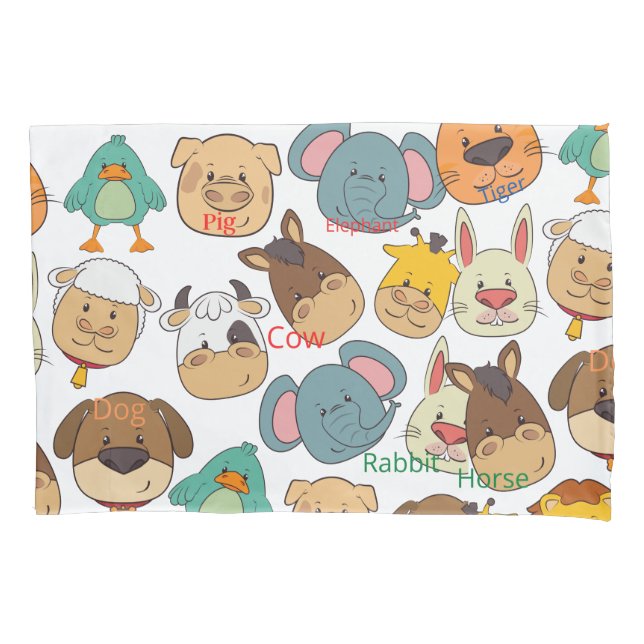 Adorable animal farm cows rabbits elephants kids pillow case (Front)
