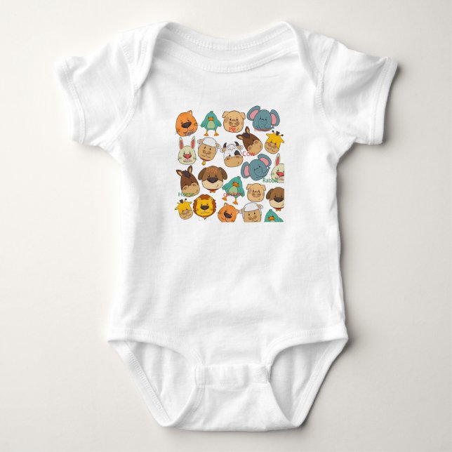 Adorable animal farm elephant rabbits cows white baby bodysuit (Front)