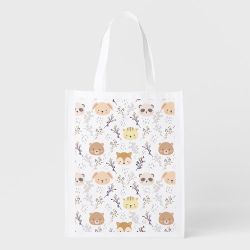 Adorable Animal Head And Floral Pattern Grocery Bag