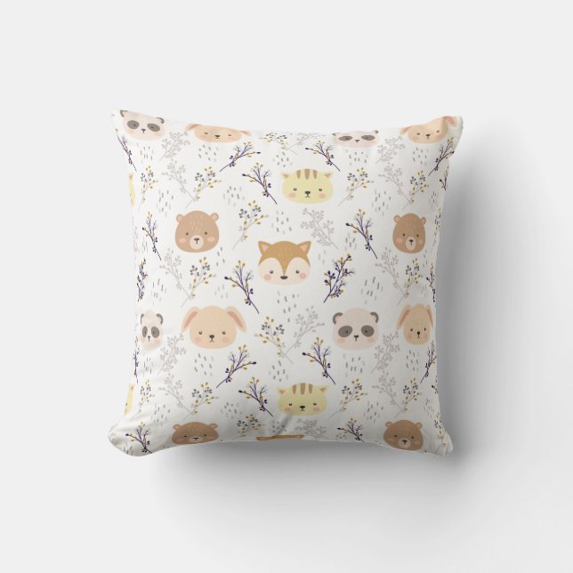 Adorable Animal Head And Floral Pattern Throw Pillow (Front)