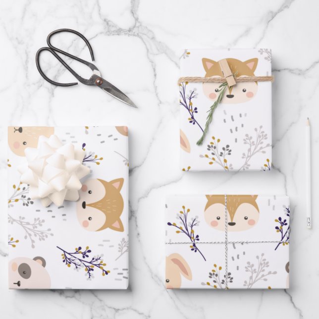 Adorable Animal Head And Floral Pattern Wrapping Paper Sheets (Front)