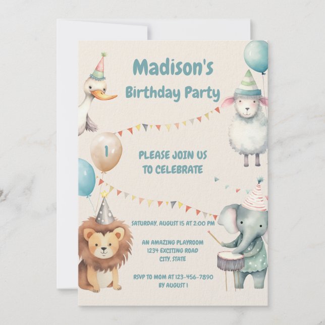 Adorable Animal-Themed 1st Birthday Invitation (Front)