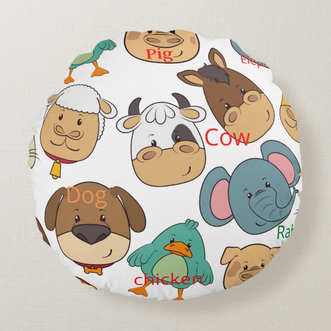 Adorable animals  elephant cow dog kids nursery round pillow (Front)